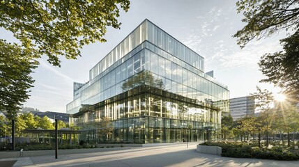 In a modern urban setting, the fusion of fresh green trees with contemporary office buildings embodies the concept of eco-friendly architecture in a business environment