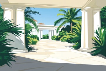 Serene Pathway Through Lush Tropical Landscape Under Clear Sky