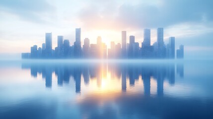 Fototapeta premium Serene city skyline reflects softly in calm water at sunrise. AI Generated