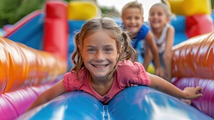 Caucasian girls enjoying inflatable obstacle course adventure outdoors
