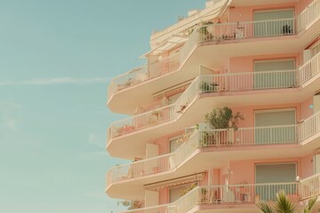 The modern apartment building in Munich, Bavaria, Germany features numerous balconies
