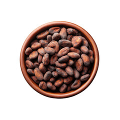 Fototapeta premium Close-up view of a bowl filled with cocoa beans, featuring rich, dark hues set against a transparent backdrop.