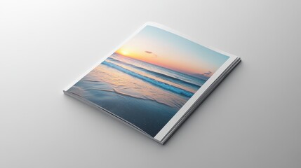 A sleek, minimalist magazine mockup, featuring a clean white cover and a captivating image of a tropical beach sunset, promising a journey into relaxation and escape.