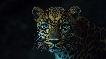 Fototapeta premium Leopard Portrait With Piercing Blue Eyes. A Close-Up Of A Beautiful Wild Cat.