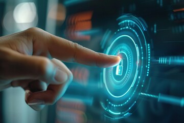 Female hand accessing digital security interface with futuristic holographic touchscreen display