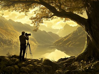 Photographer with a professional camera, capturing a moment in a scenic outdoor location