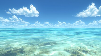 Obraz premium Bright Sunny Day at the Ocean with Blue Sky and White Clouds