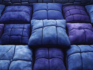 Obraz premium Soft Blue Velvet Pillows Arranged Symmetrically. AI Generated