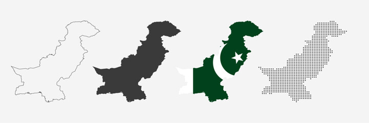 Obraz premium Pakistan map in various style outline, grey, flag color, and dotted