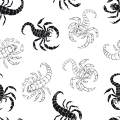Seamless pattern with Black and line art scorpion isolated on white, Silhouettes of various types of scorpion.