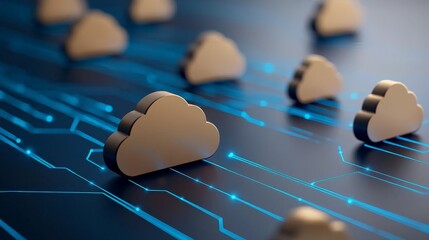 The image features stylized cloud icons on a digital circuit board, symbolizing cloud computing and technology.