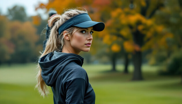 A female golfer in stylish sportswear, adjusting her visor while standing on a green with a golf club in hand, exuding confidence and elegance on the course.
