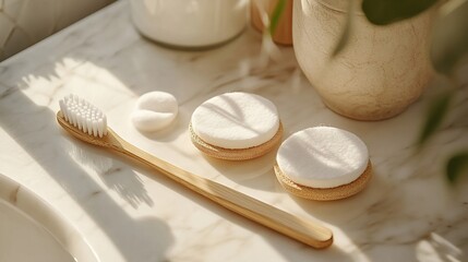 Fototapeta premium Bathroom supplies on a marble counter with plants in the background, for lifestyle