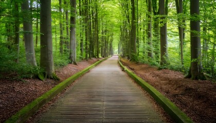 Fototapeta premium Wooden walkway crossing a green spring beech forest in Leuven, Belgium, creating a beautiful natural tunnel