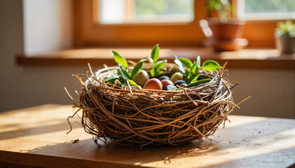 Intricate bird's nest with colorful eggs on wooden table, spring symbolism