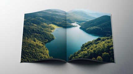A sleek, modern landscape brochure mockup, showcasing breathtaking vistas of rolling hills, vibrant forests, and sparkling blue lakes.