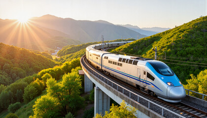 Sleek freight train navigating lush green valley at sunset, innovation