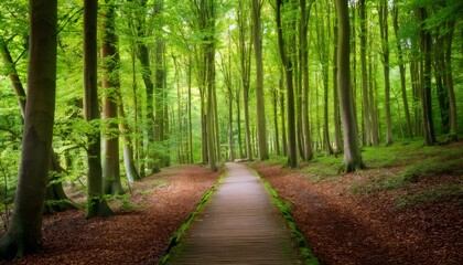 Naklejka premium Wooden walkway crossing a green spring beech forest in Leuven, Belgium, creating a beautiful natural tunnel
