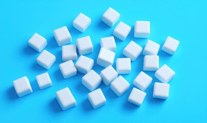 Scattered white cubes on blue background.