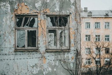 The facade of a derelict industrial building, partially visible on an autumn day