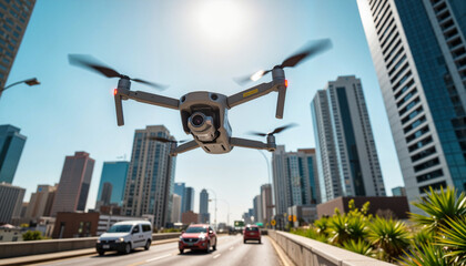 Futuristic drone hovering above urban street, technological innovation