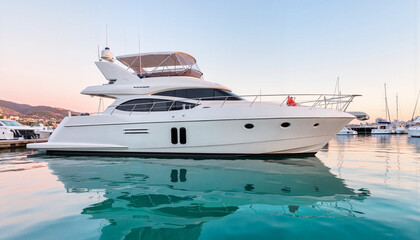 Naklejka premium Elegant yacht floating in turquoise water at dawn, serene luxury