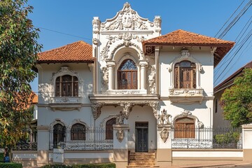 Obraz premium In the heart of Ipoh city, Perak, Malaysia, a 1960s concrete building showcasing old modernism architecture stands under a blue sky with clouds