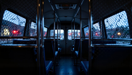 Fototapeta premium Interior of a police van at dusk, light and shadow confinement