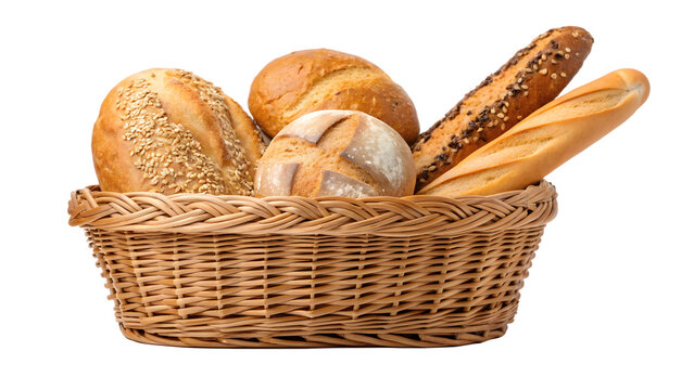 A basket filled with fresh assorted bread rolls and loaves
