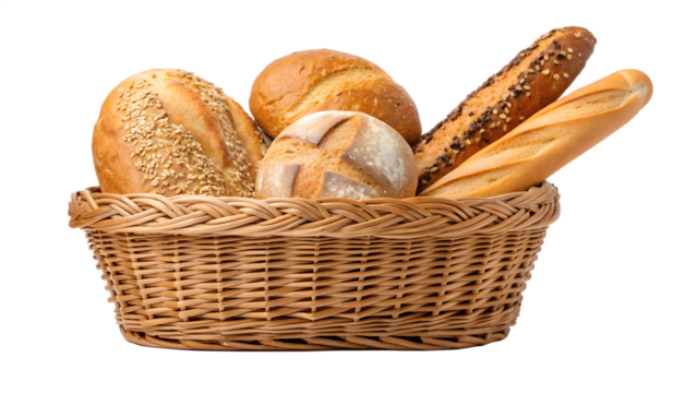 A basket filled with fresh assorted bread rolls and loaves
