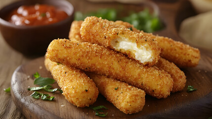 Golden mozzarella sticks with an extra spicy, crunchy coating, paired with a tangy dipping sauce for a perfect snack experience.
