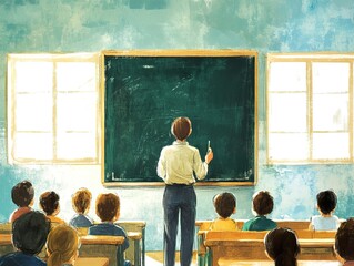 Teacher standing in front of a blackboard, holding chalk, in a bright classroom filled with students