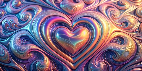 Colorful abstract holographic waves creating a mesmerizing heart shape in a dynamic swirl pattern background, wallpaper, graphic resource, foil, AI, cover, gradient 3D
