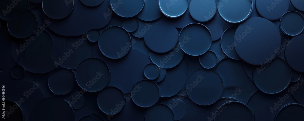Poster dark blue abstract background with overlapping circular shapes and textures, copy space for text
