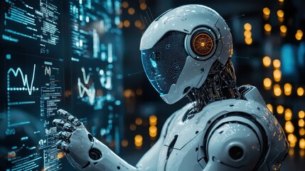 Fototapeta premium Advanced robot analyzing data in futuristic lab environment for technological research