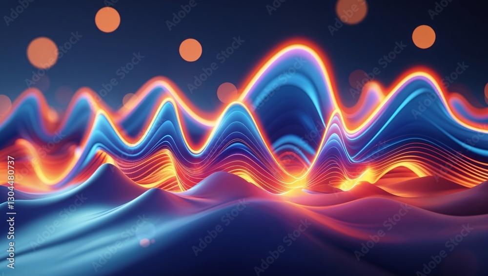 Poster visual representation of sound waves displaying dynamic patterns in bright colors during nighttime