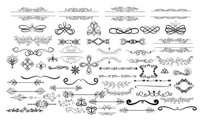 Line dividers. Decorative swirl text separators, vintage divider. Victorian flourishes line calligraphic swirly filigree decoration editable stroke vector set 