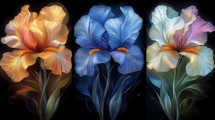 Obraz premium Vibrant Iris Triptych Soft Light Painting. AI Generated