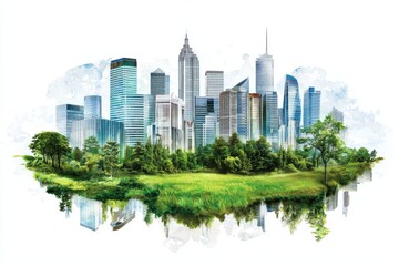 Fototapeta premium The png sticker features a city skyline with office buildings and skyscrapers on a transparent background