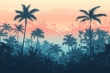 Vibrant Tropical Landscape at Sunset with Palm Trees and Haze