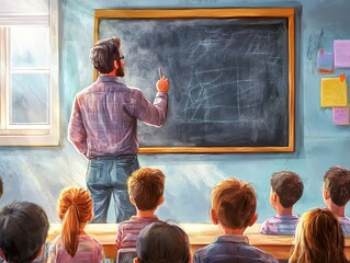 Teacher standing in front of a blackboard, holding chalk, in a bright classroom filled with students