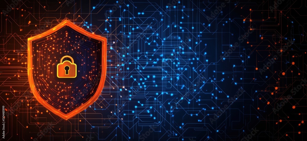 Poster cybersecurity shield with padlock on digital circuit background for data protection, copy space for 