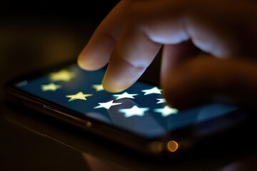 A user rating a product with five stars on a smartphone, showcasing an interactive review process in a modern digital environment.