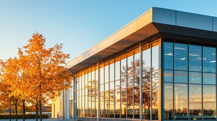 Fototapeta premium The office building has multiple stories, horizontal louvres, and solar shades
