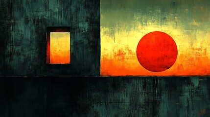 Warm sunset hues illuminate abstract geometric shapes creating a serene contemplative mood. AI Generated