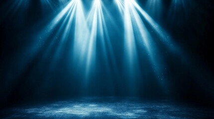 Fototapeta premium Blue stage lights shine on a dark floor in a spotlight backdrop. Event usage