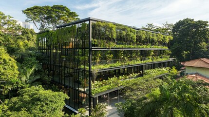 Fototapeta premium A clear blue sky overlooks a building that is surrounded by a large number of trees