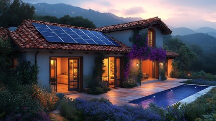 Fototapeta premium Warm sunset light bathes sustainable hillside home with solar panels and pool. AI Generated