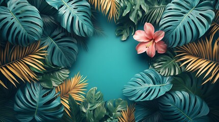 Naklejka premium Vibrant tropical leaves frame a serene pink blossom against a teal backdrop. AI Generated
