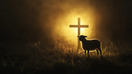Easter lamb silhouette beside wooden cross illuminated by soft light on dark background